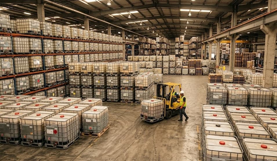 Large warehouse interior filled with IBC tanks
